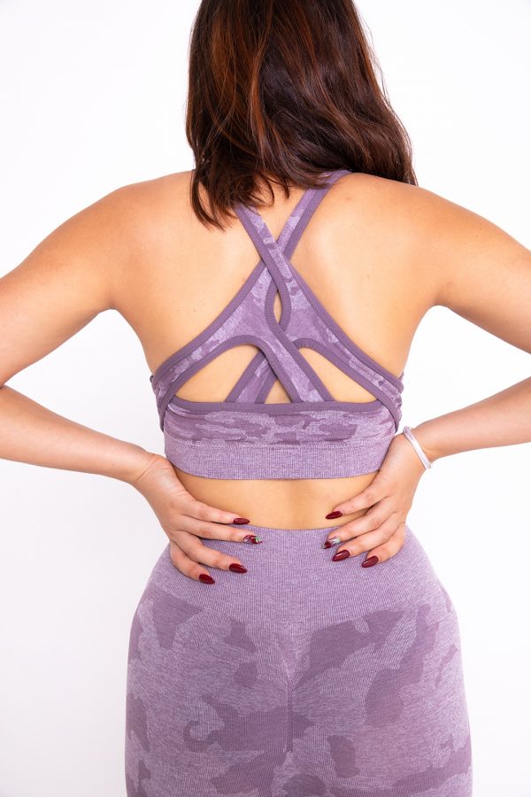 purple camo sport bra back straps for comfort